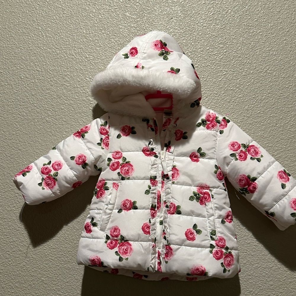 NWOT Little Me Roses Print Puffer Girl Jacket w/ Hood Size 12M